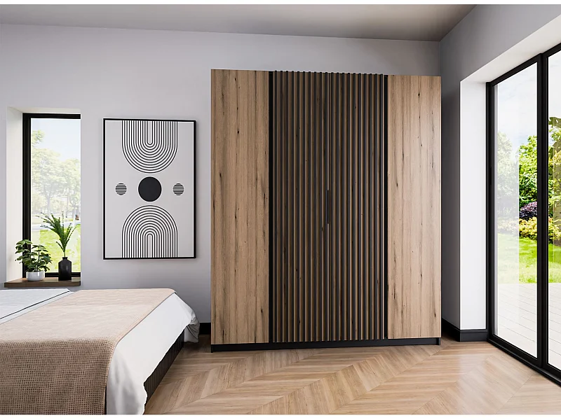 Armoire 4 portes avec lames à l'intérieur - 200 cm - chêne evoke/noir - KAJA