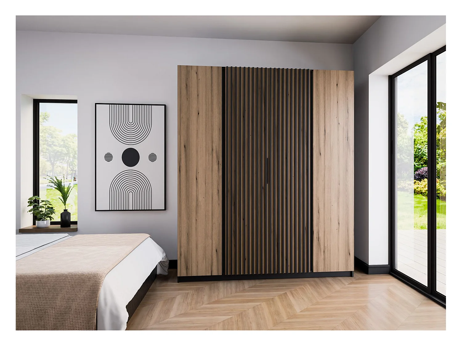 Kleiderschrank mit Lamellen in der Mitte - 200 cm - Eiche/schwarz - KAJA