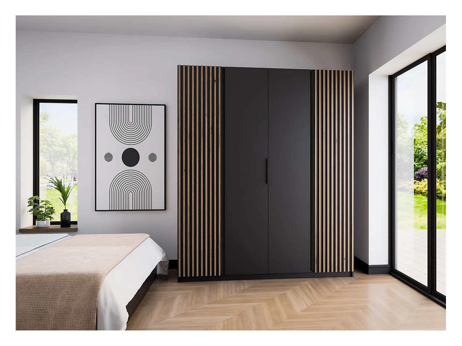 Kleiderschrank mit seitlichen Lamellen - 200 cm - schwarz - KAJA