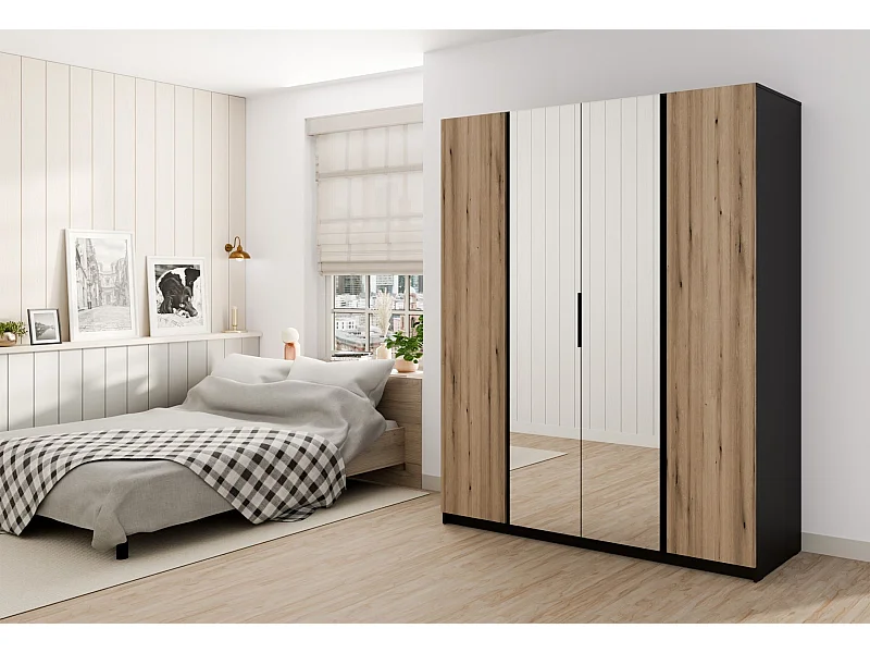 Kleiderschrank mit Spiegel - 200 cm - Eiche/schwarz - KAJA