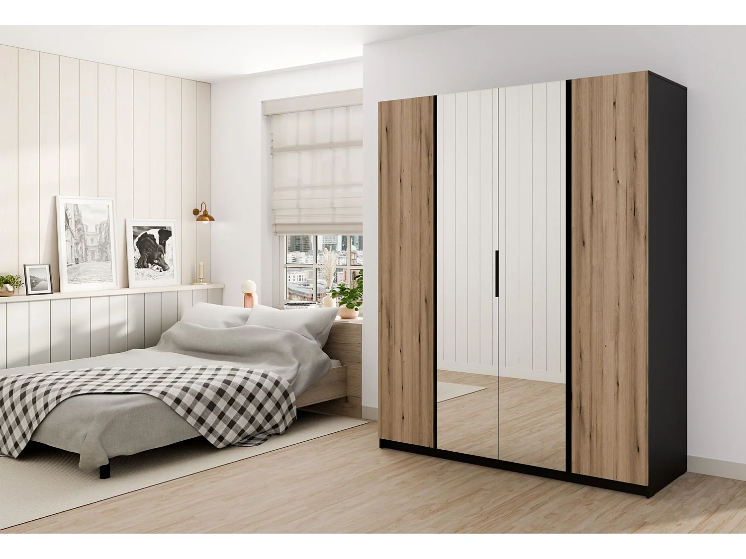 Armoire 4 portes avec miroir - 200 cm - chêne evoke/noir - KAJA