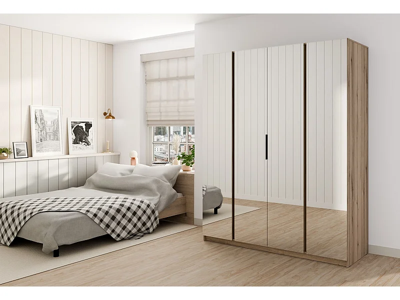 Armoire 4 portes avec miroirs - 200 cm -chêne evoke - KAJA