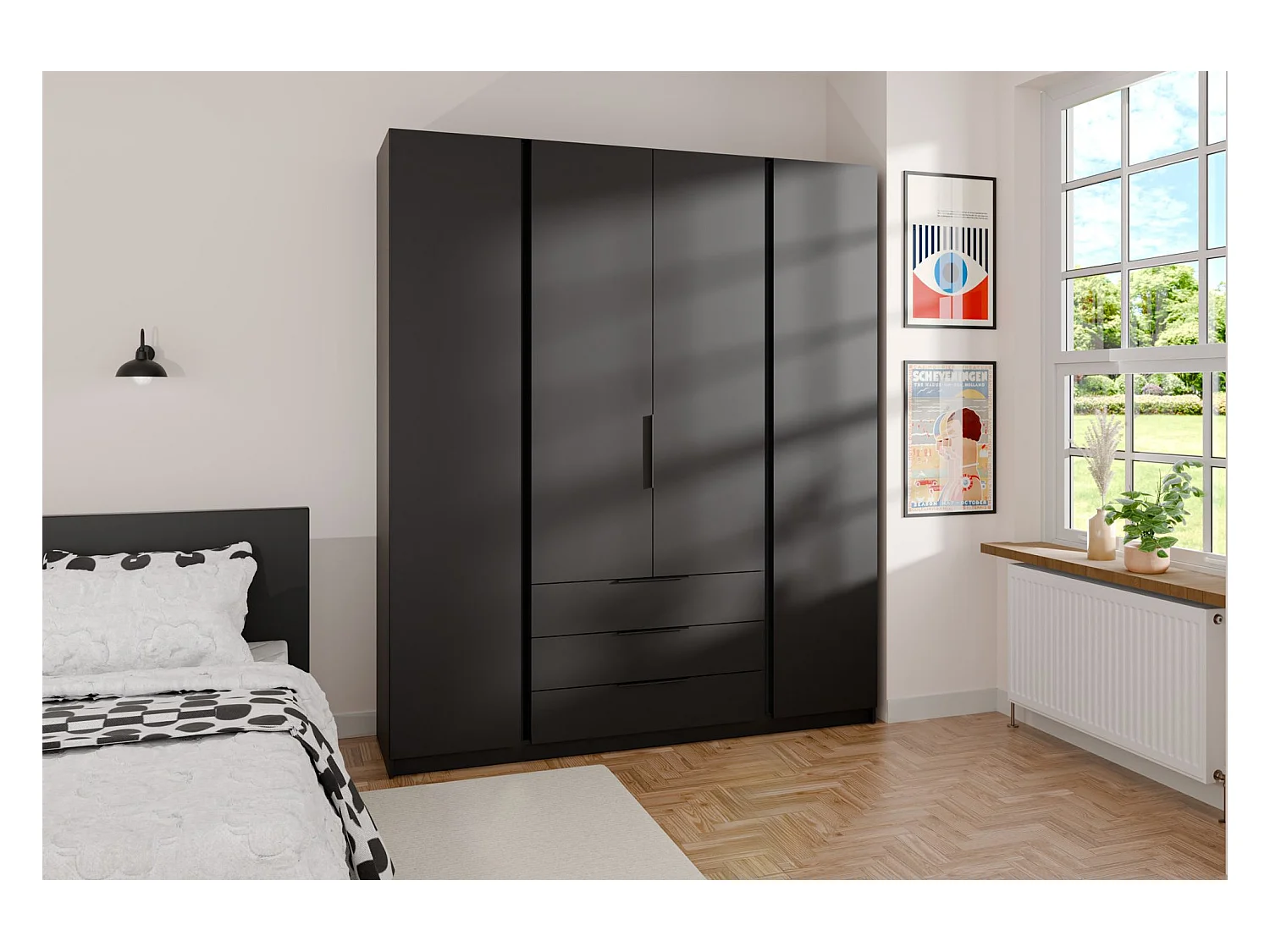 Kleiderschrank mit 3 Schubladen - 200 cm - schwarz - KAJA