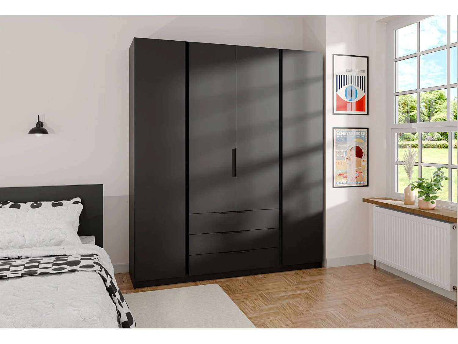 Armoire à 4 portes avec 3 tiroirs - 200 cm - noir - KAJA