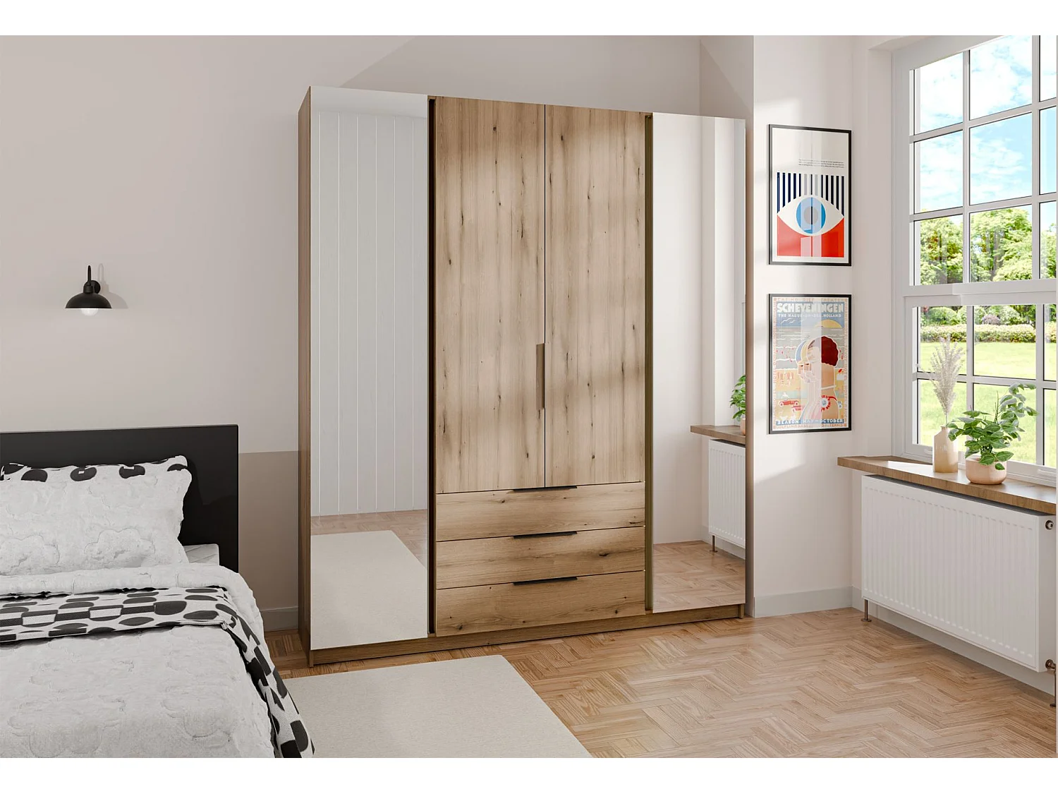 Armoire avec 2 miroirs et 3 tiroirs - 200 cm - chêne evoke - KAJA