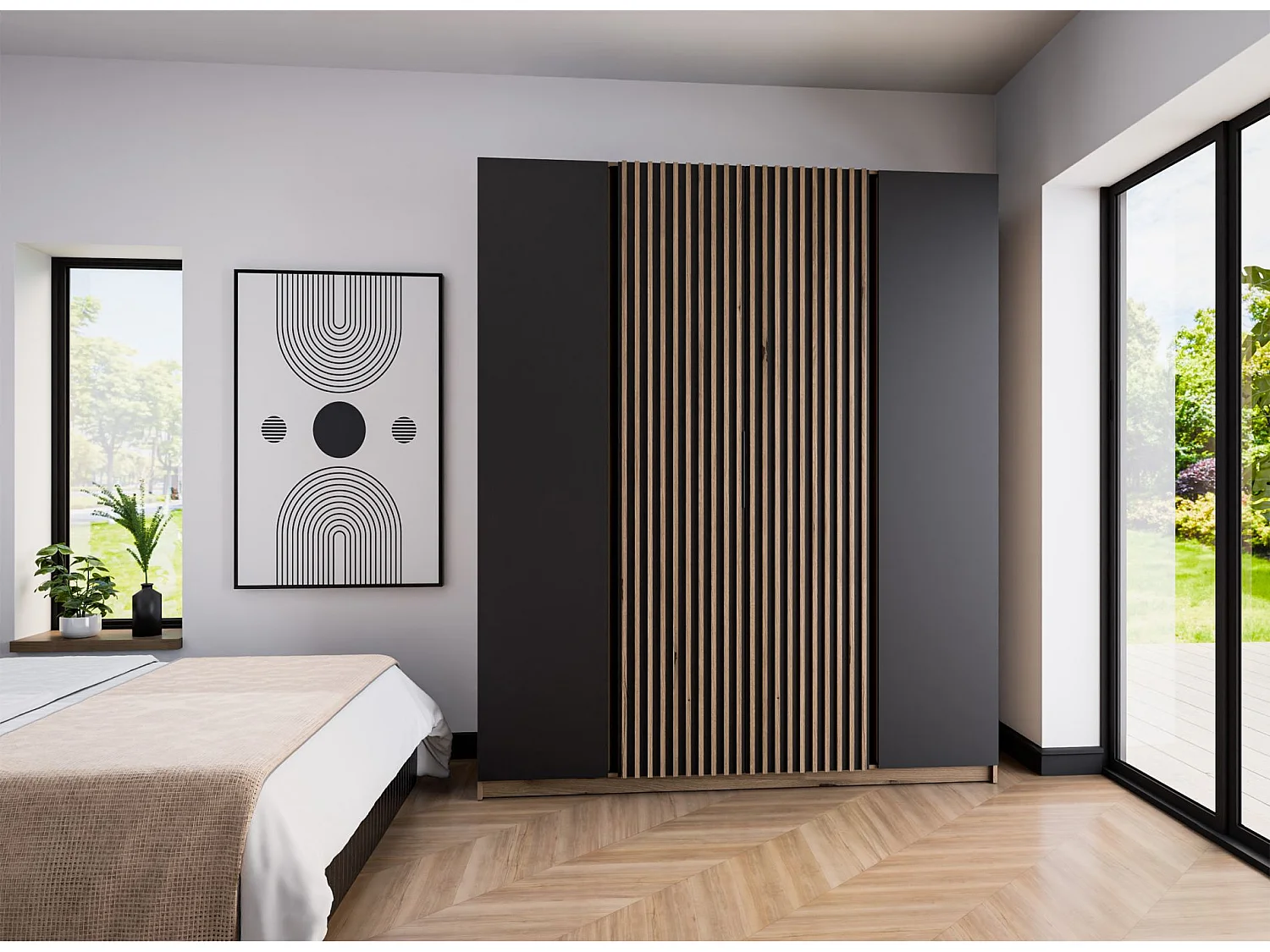 Kleiderschrank mit Lamellen in der Mitte - 200 cm - schwarz/Eiche - KAJA