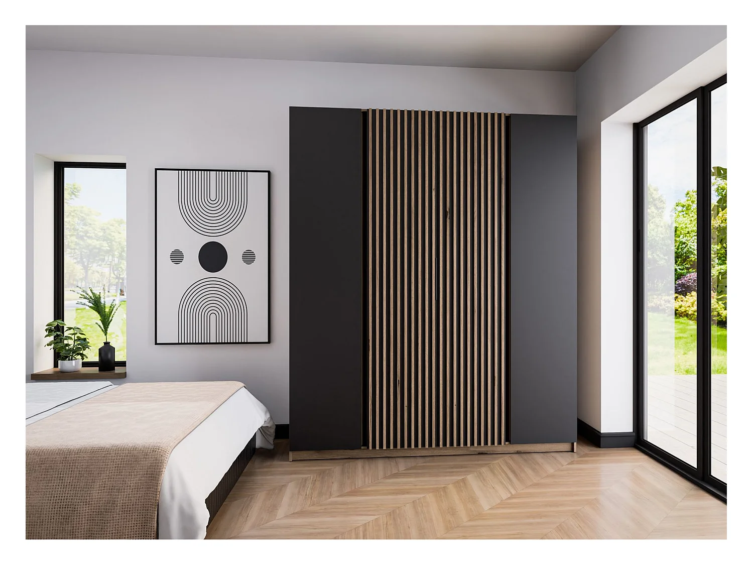 Kleiderschrank mit Lamellen in der Mitte - 200 cm - schwarz/Eiche - KAJA