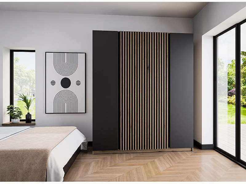 Armoire 4 portes avec lames à l'intérieur - 200 cm - noir / chêne evoke - KAJA