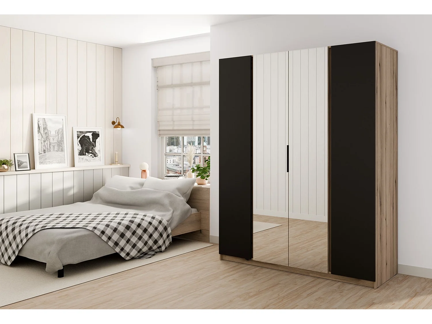 Armoire 4 portes avec miroir - 200 cm - noir / chêne evoke - KAJA