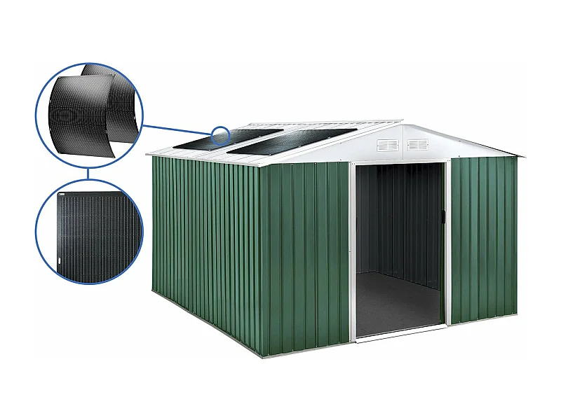 Gerätehaus aus Metall - "Rosas " - 10,85 m² mit Solarpaneelen - Grün