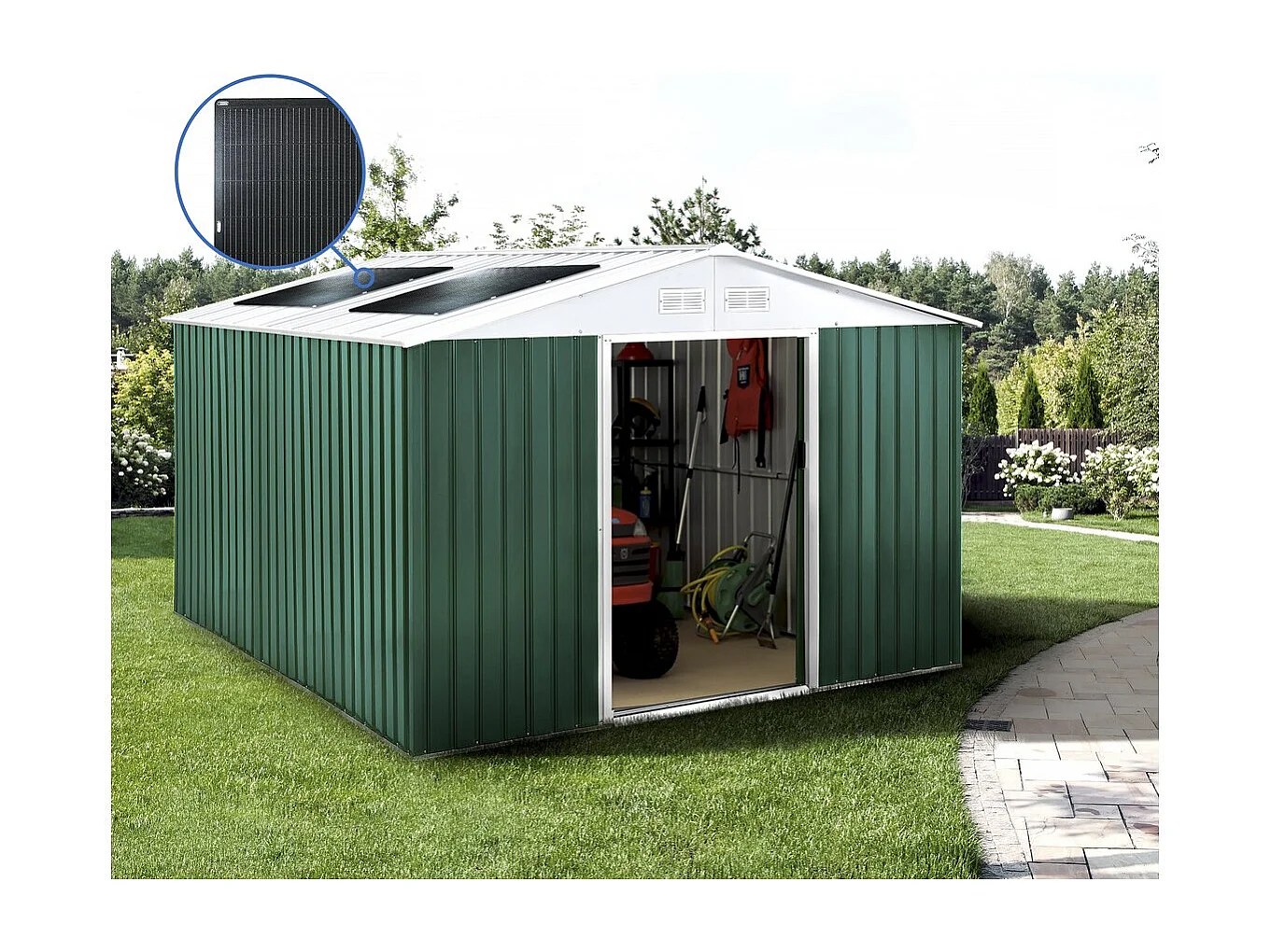 Domek ogrodowy metalowy "Rosas" 10,85 m² z panelami słonecznymi - Zielony