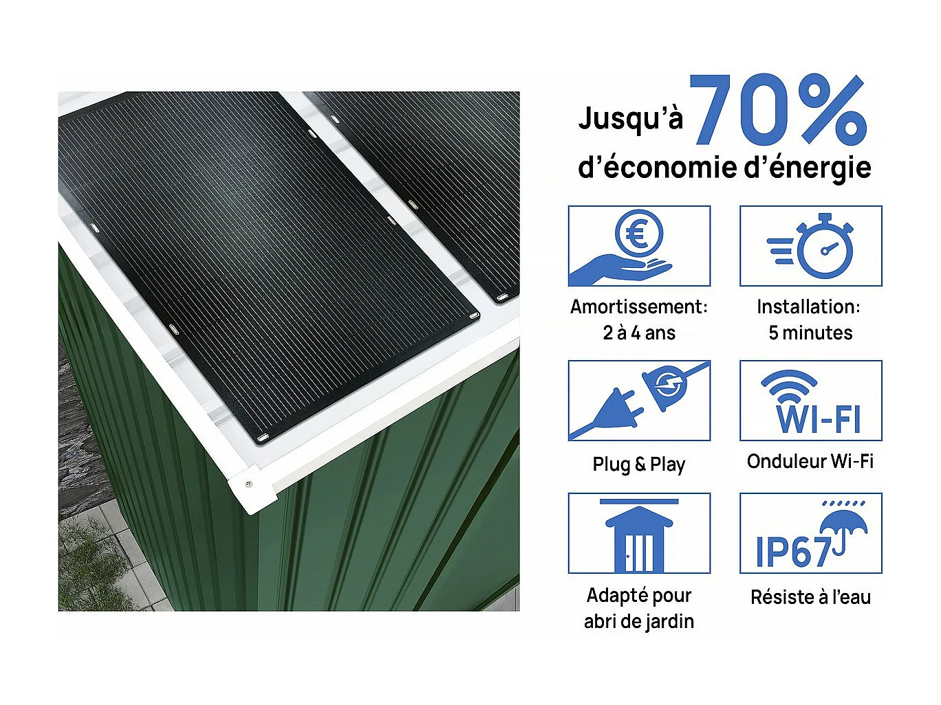 Domek ogrodowy metalowy "Rosas" 10,85 m² z panelami słonecznymi - Zielony