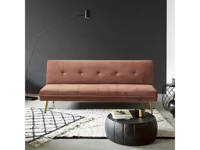 Sofá cama 2 plazas diseño moderno de terciopelo click clac patas doradas Padded - Rosa