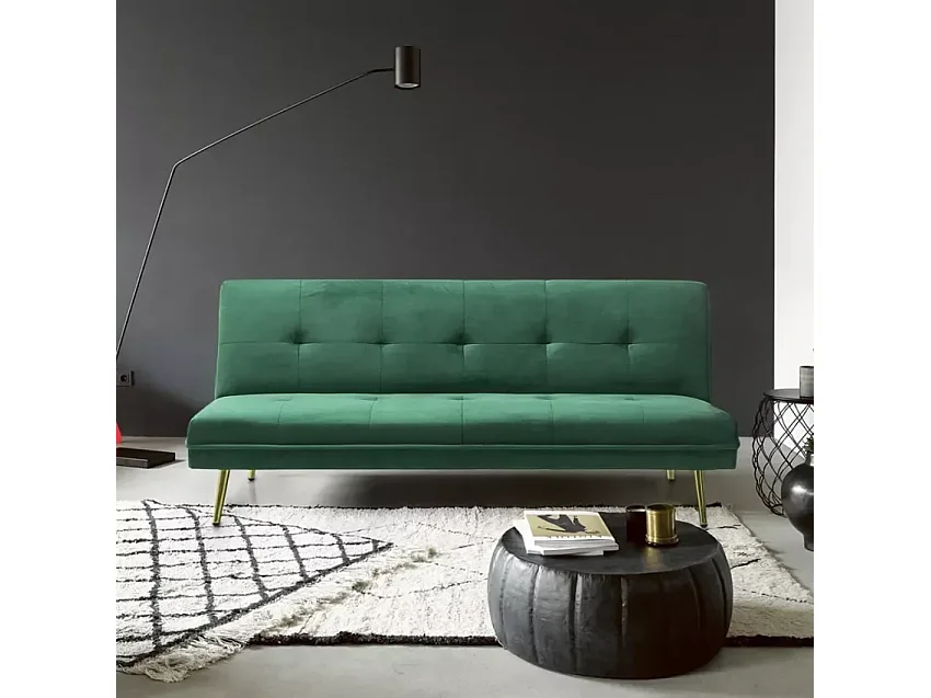 Sofá cama 2 plazas diseño moderno de terciopelo click clac patas doradas Padded - Verde oscuro