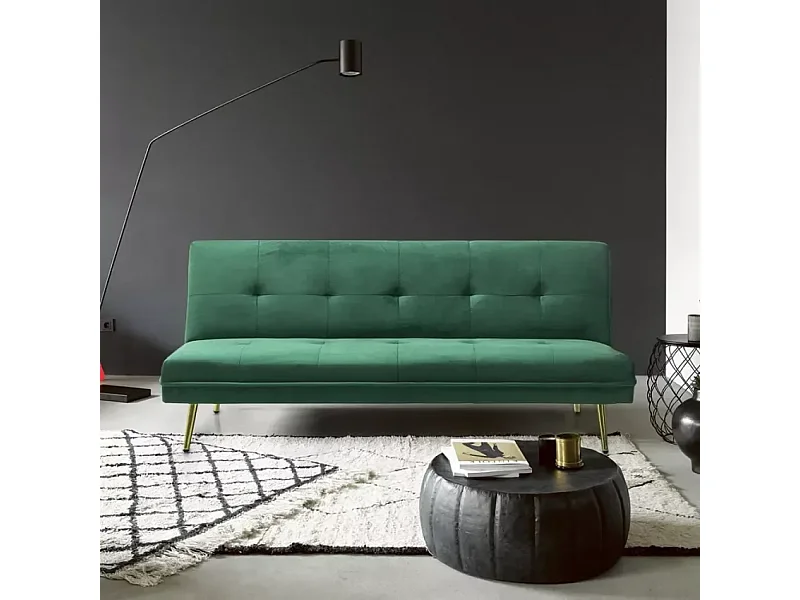 Sofá cama 2 plazas diseño moderno de terciopelo click clac patas doradas Padded - Verde oscuro