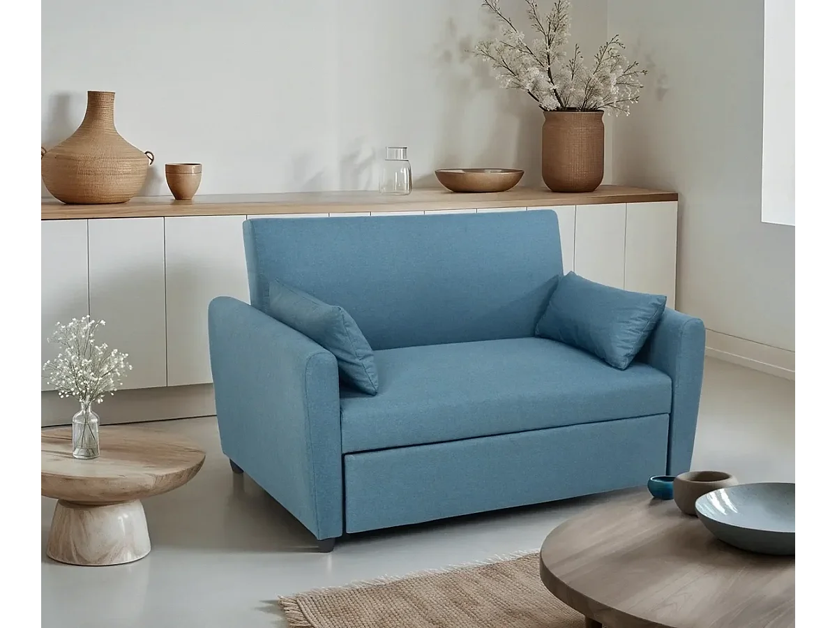 Porto Rico Ausziehbares 2-Sitzer-Schlafsofa, modernes Design aus Stoff - Blau