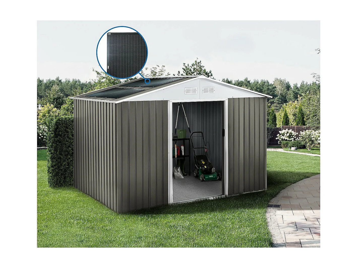 Abri jardin métal "Dallas" -8.84m² avec panneaux solaires - Taupe