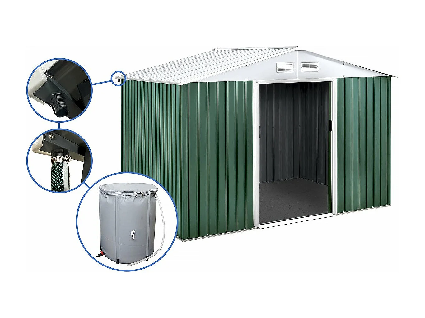 Abri de jardin métal - "Rosas " - 7,06 m² avec récupérateur d'eau et gouttière - Vert