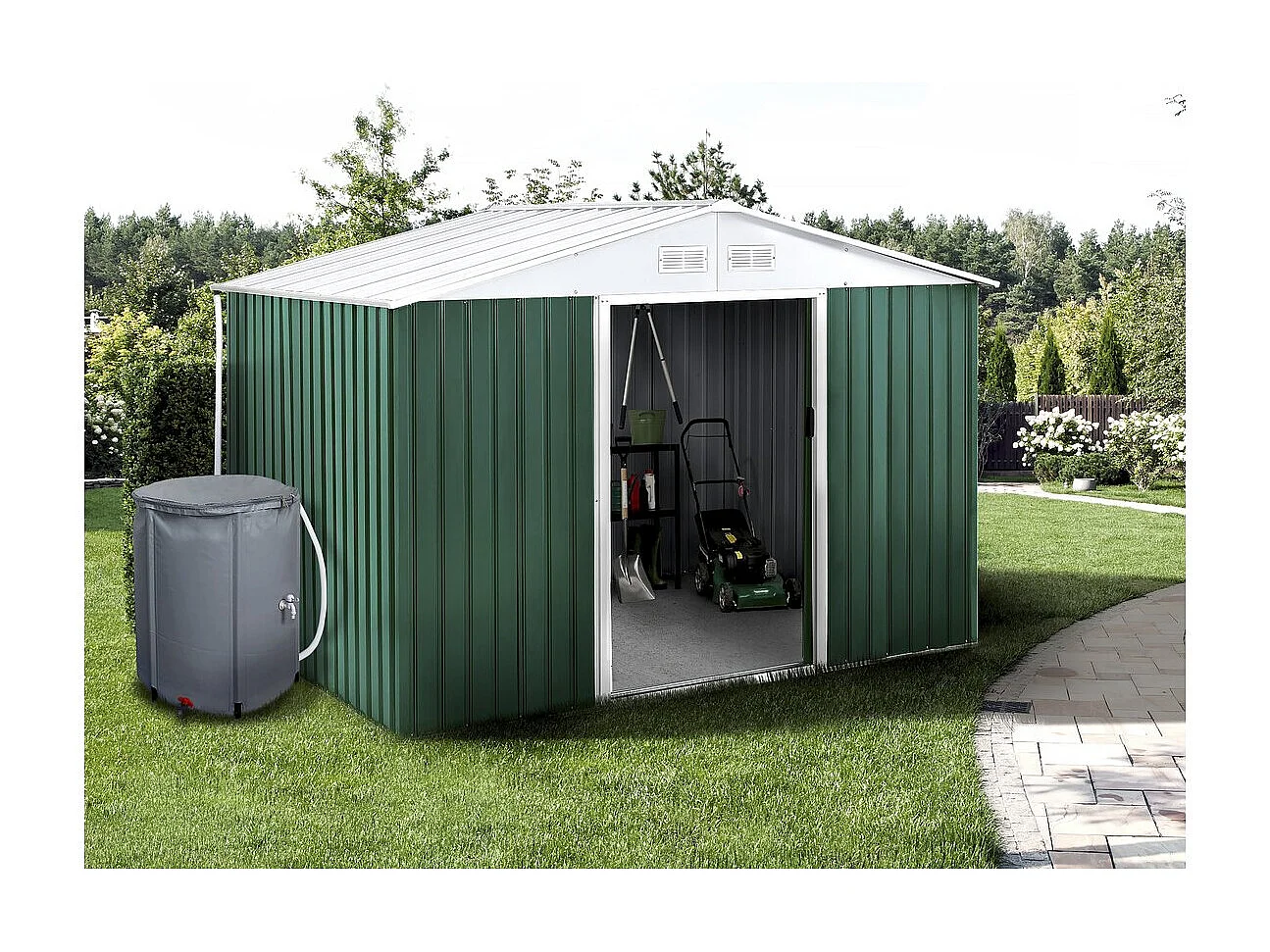 Abri de jardin métal - "Rosas " - 7,06 m² avec récupérateur d'eau et gouttière - Vert