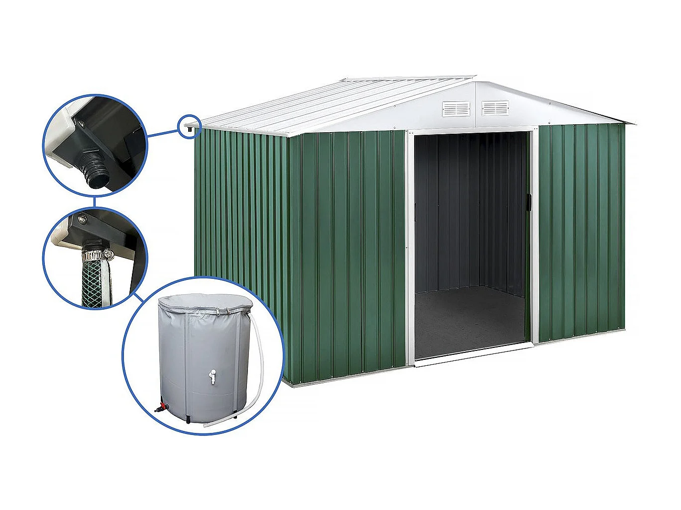 Abrigo de jardim em metal "Rosas" 7,06 m² com recuperador de água e calha para jardinagem ecológica e prática