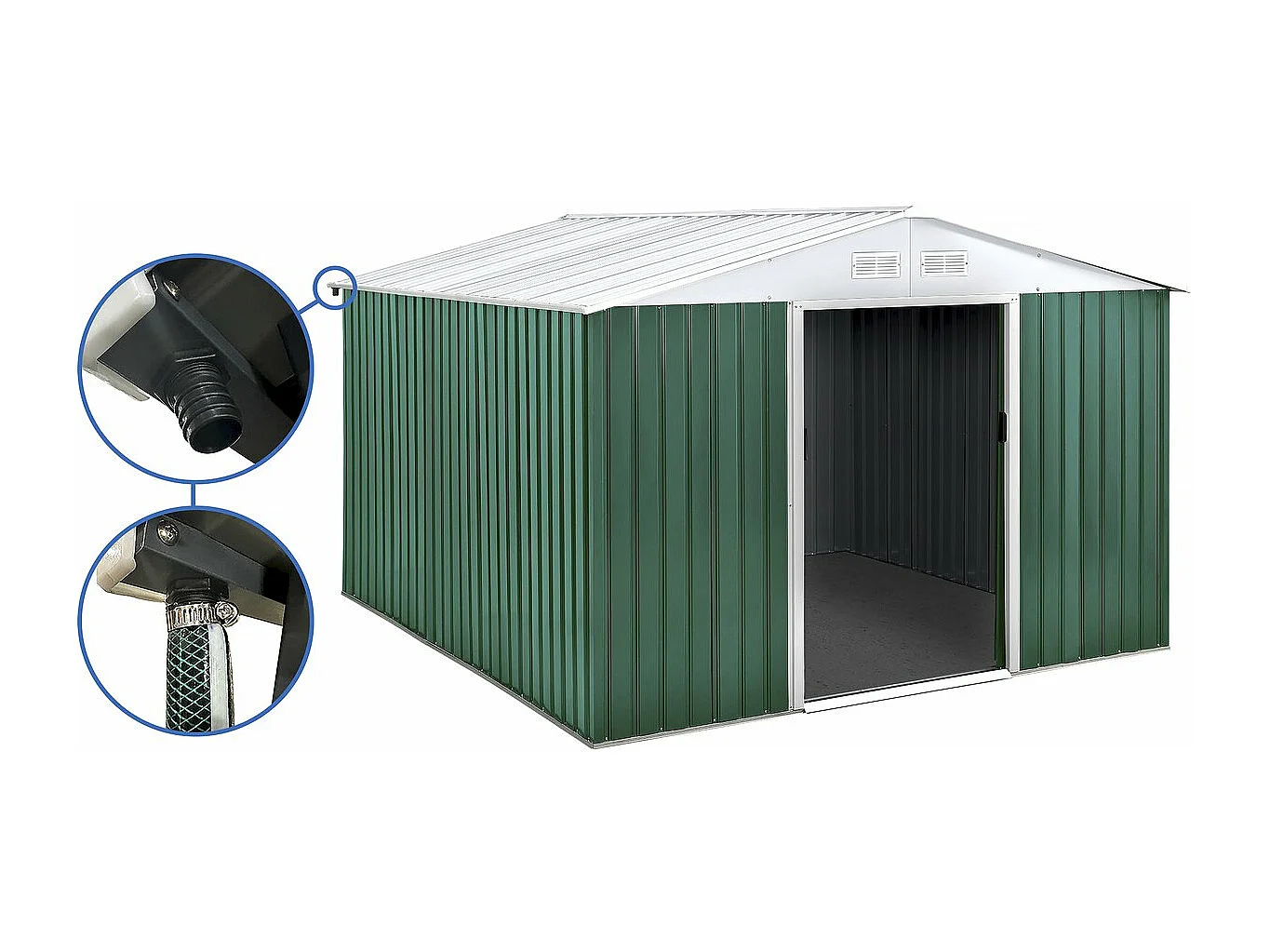 Abri de jardin métal - "Rosas " - 10.85 m² avec gouttière - Vert