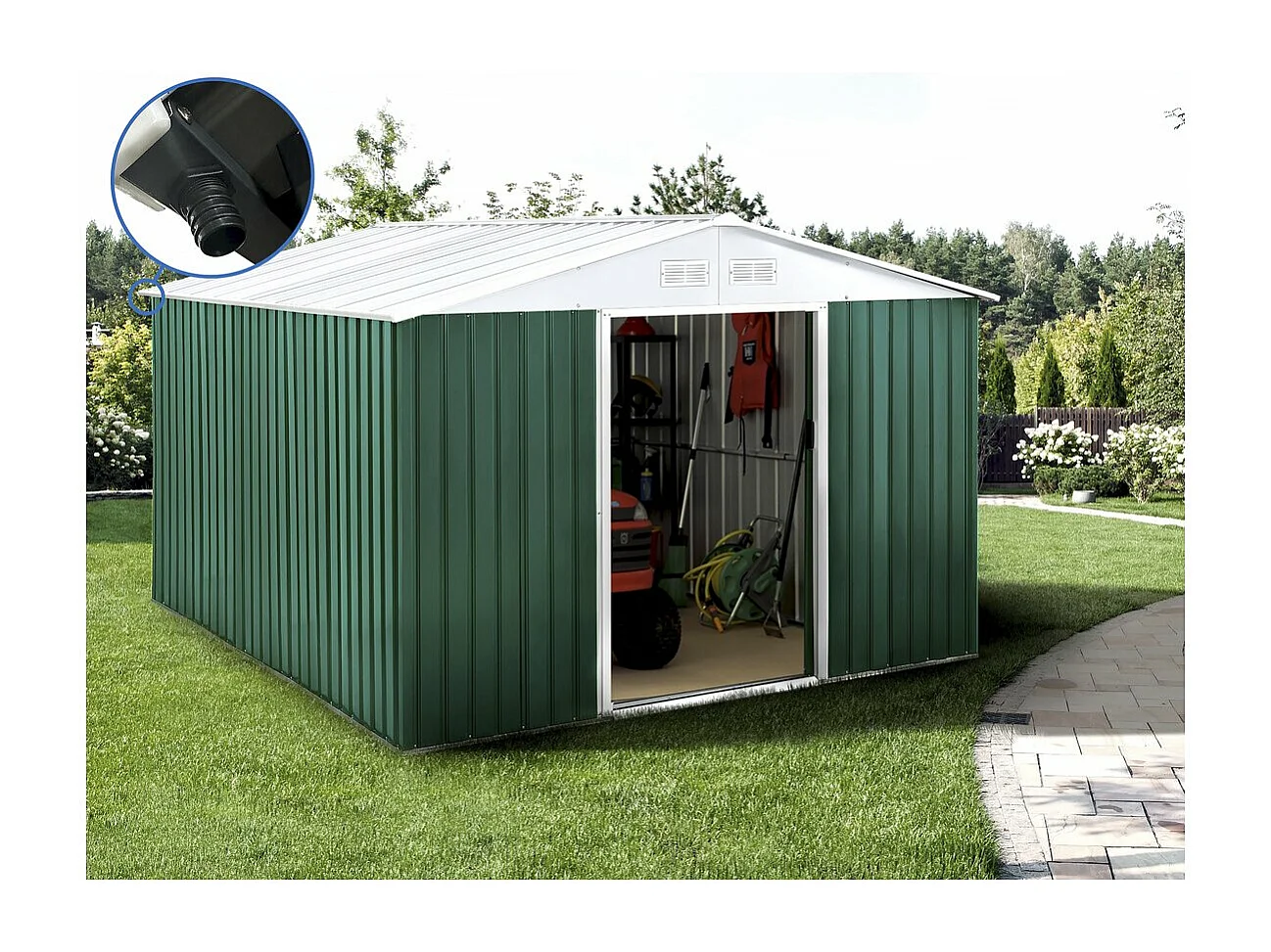 Domek ogrodowy metalowy "Rosas" 10,85 m² z rynną - Zielony