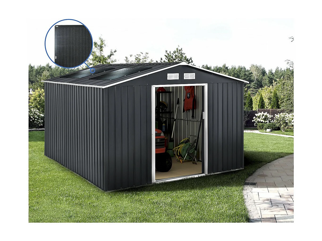Abri de jardin métal - "Vegas"- 15 m² avec panneaux solaires - Gris