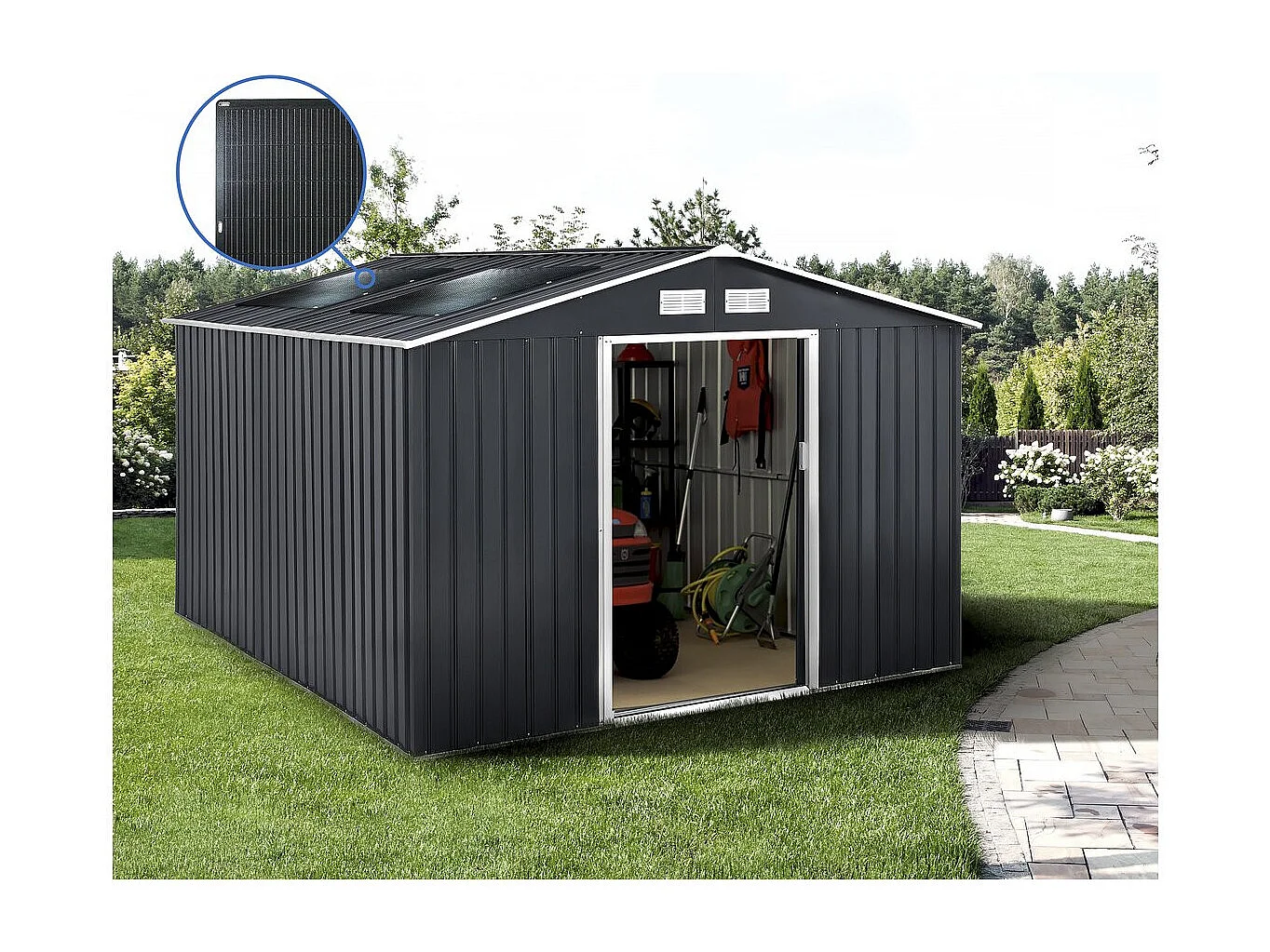 Abri de jardin métal - "Vegas"- 15 m² avec panneaux solaires - Gris