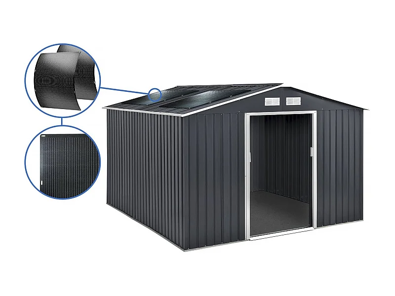 Abri de jardin métal - "Vegas"- 15 m² avec panneaux solaires - Gris