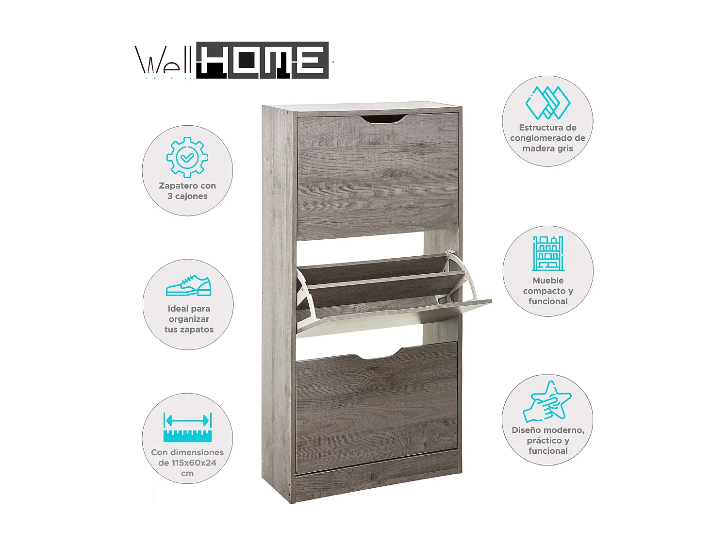 WELL HOME - Rangement chaussures 3 tiroirs en bois gris