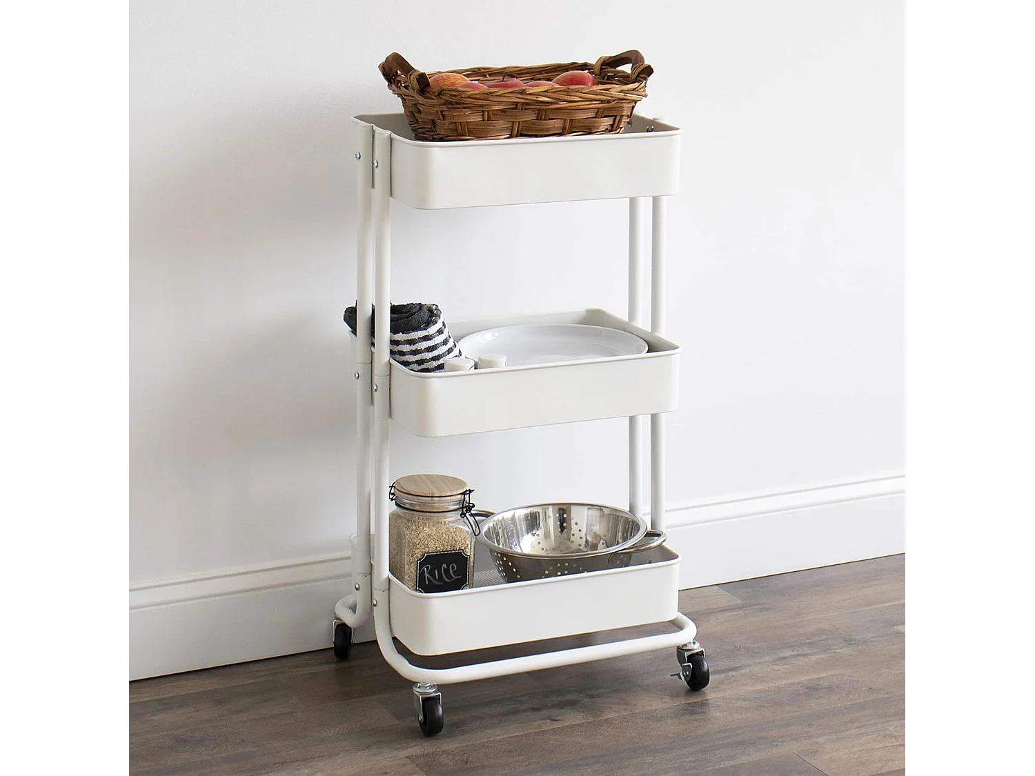 Chariot de cuisine en fer blanc avec roulettes et 3 tiroirs Well Home