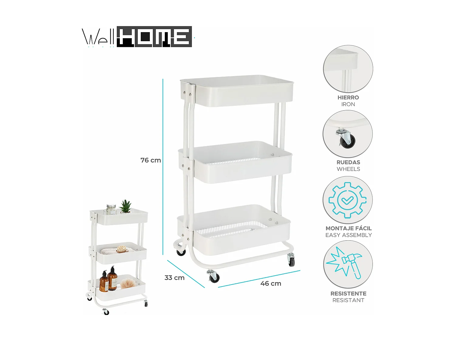 Chariot de cuisine en fer blanc avec roulettes et 3 tiroirs Well Home