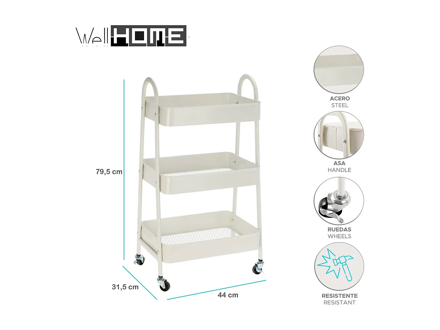Chariot de cuisine Well Home blanc avec 3 paniers et roulettes H.79,5cm