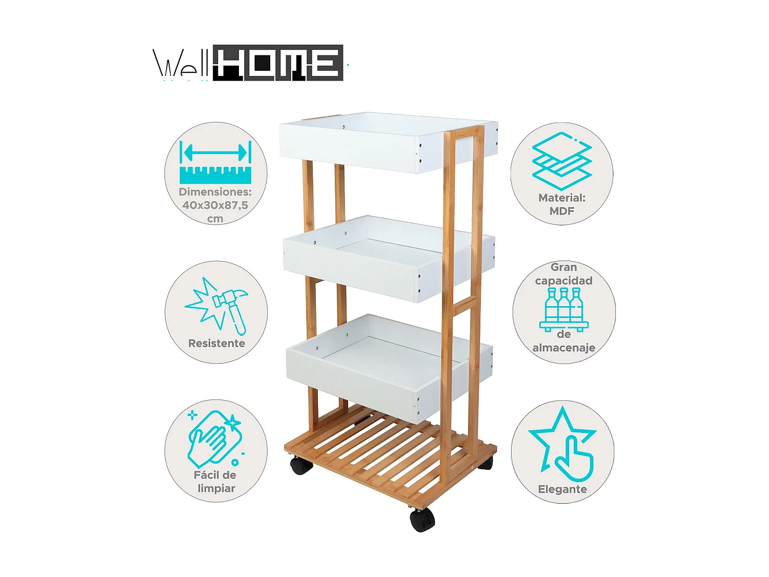 Chariot de rangement en bambou Well Home avec 1 étagère et 3 plateaux en blanc 40x30x87,5 cm