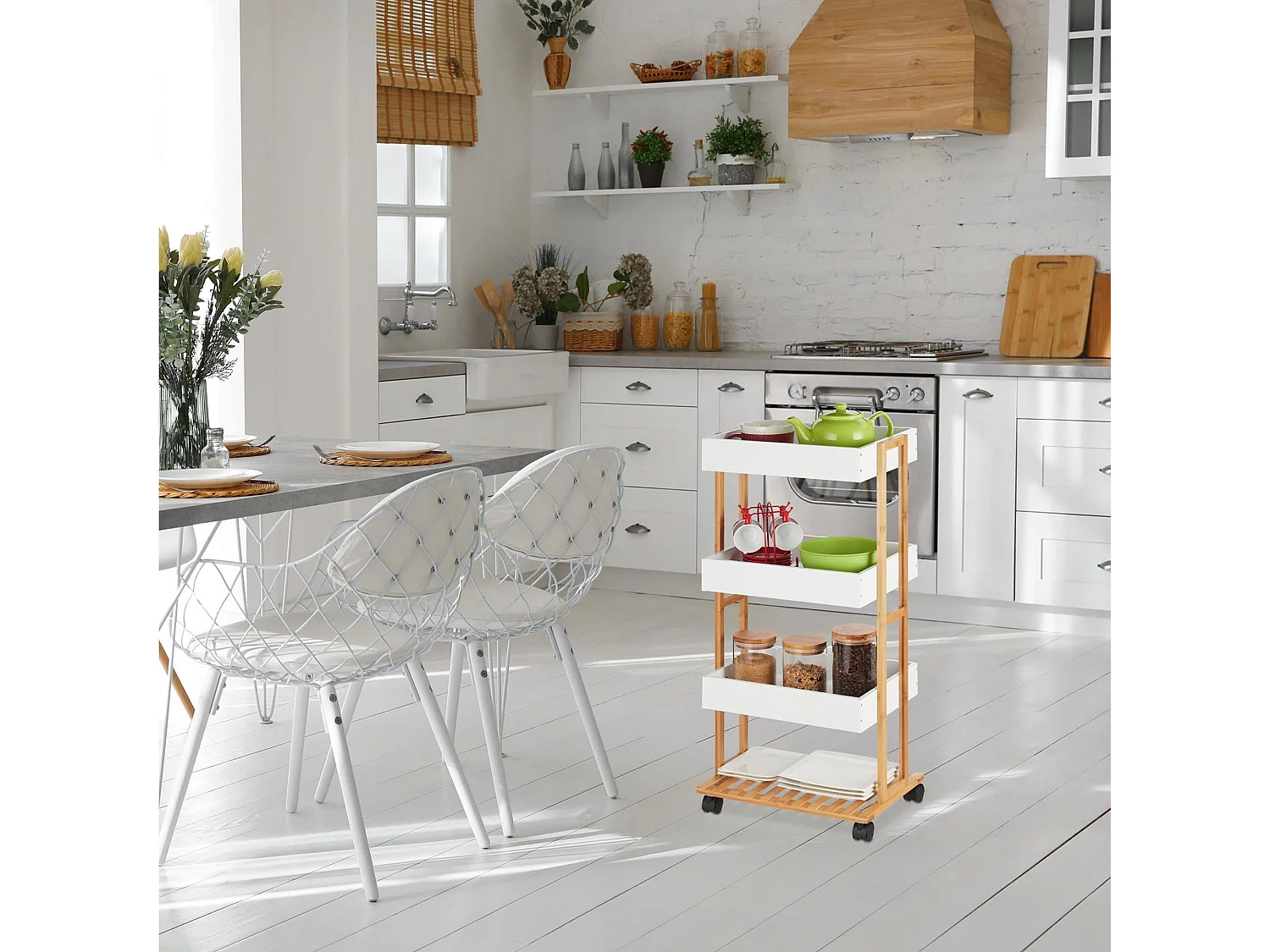 Chariot de rangement en bambou Well Home avec 1 étagère et 3 plateaux en blanc 40x30x87,5 cm