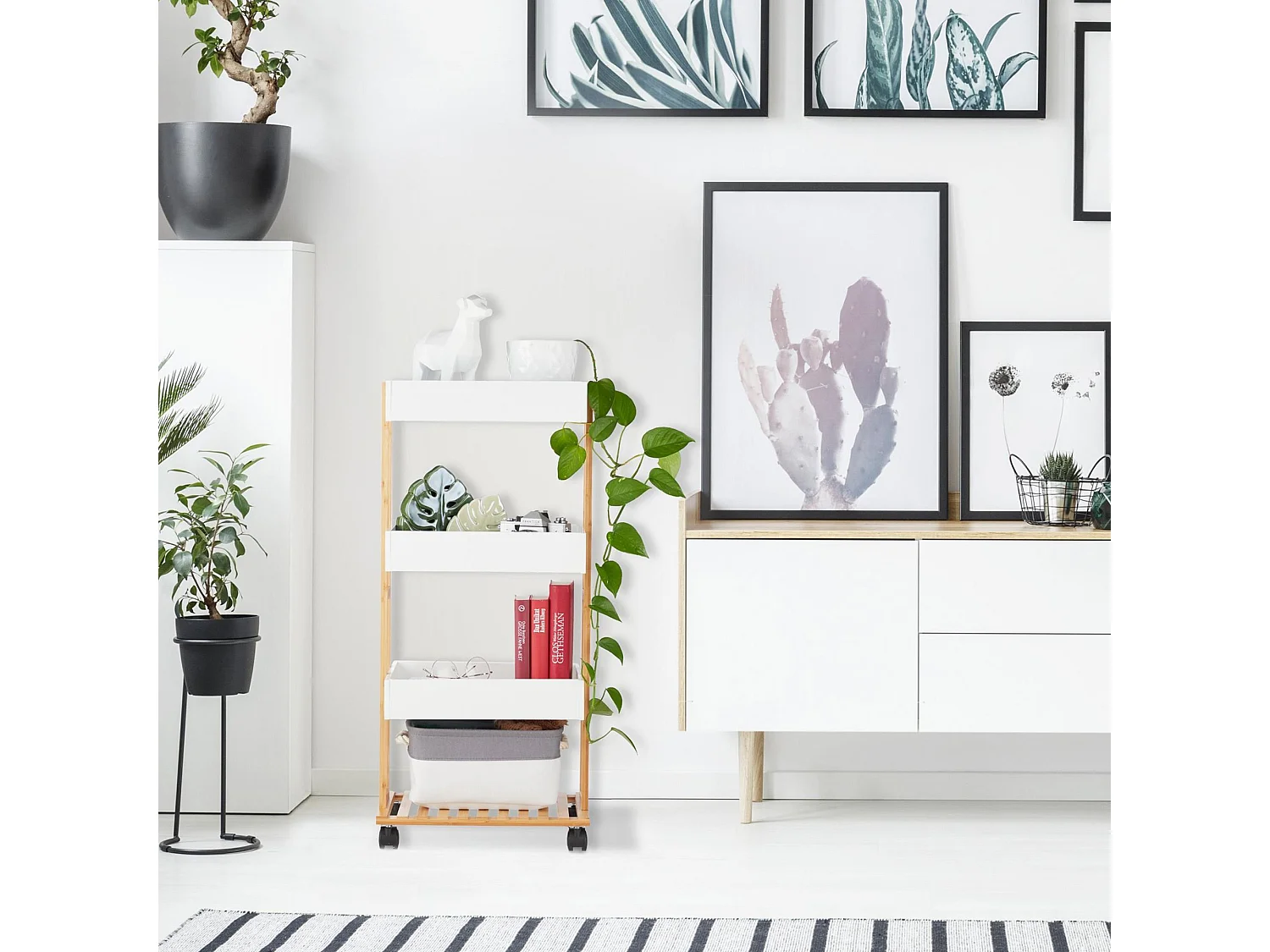 Chariot de rangement en bambou Well Home avec 1 étagère et 3 plateaux en blanc 40x30x87,5 cm