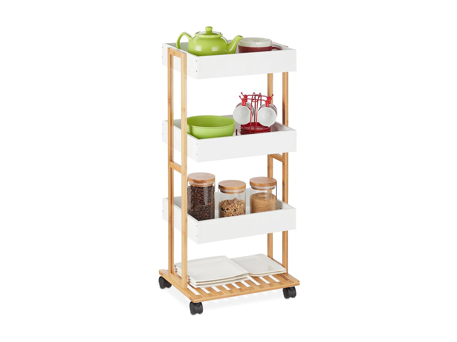 Chariot de rangement en bambou Well Home avec 1 étagère et 3 plateaux en blanc 40x30x87,5 cm