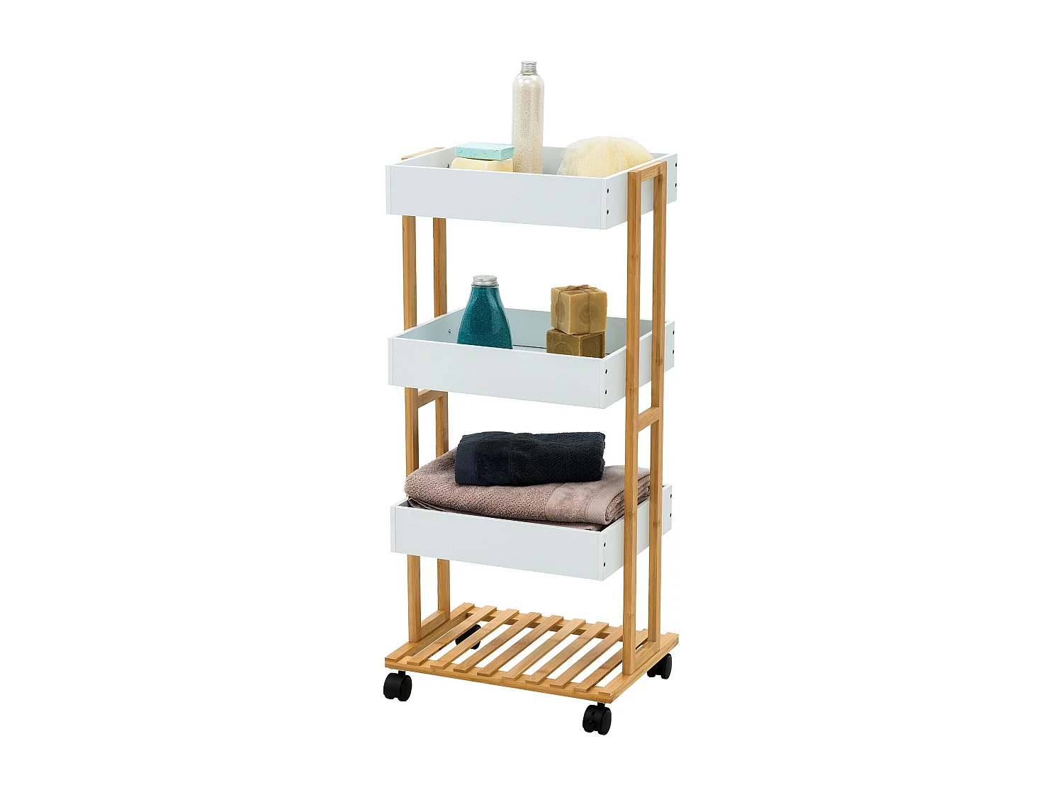 Chariot de rangement en bambou Well Home avec 1 étagère et 3 plateaux en blanc 40x30x87,5 cm