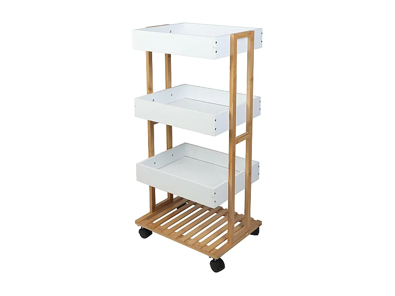 Chariot de rangement en bambou Well Home avec 1 étagère et 3 plateaux en blanc 40x30x87,5 cm