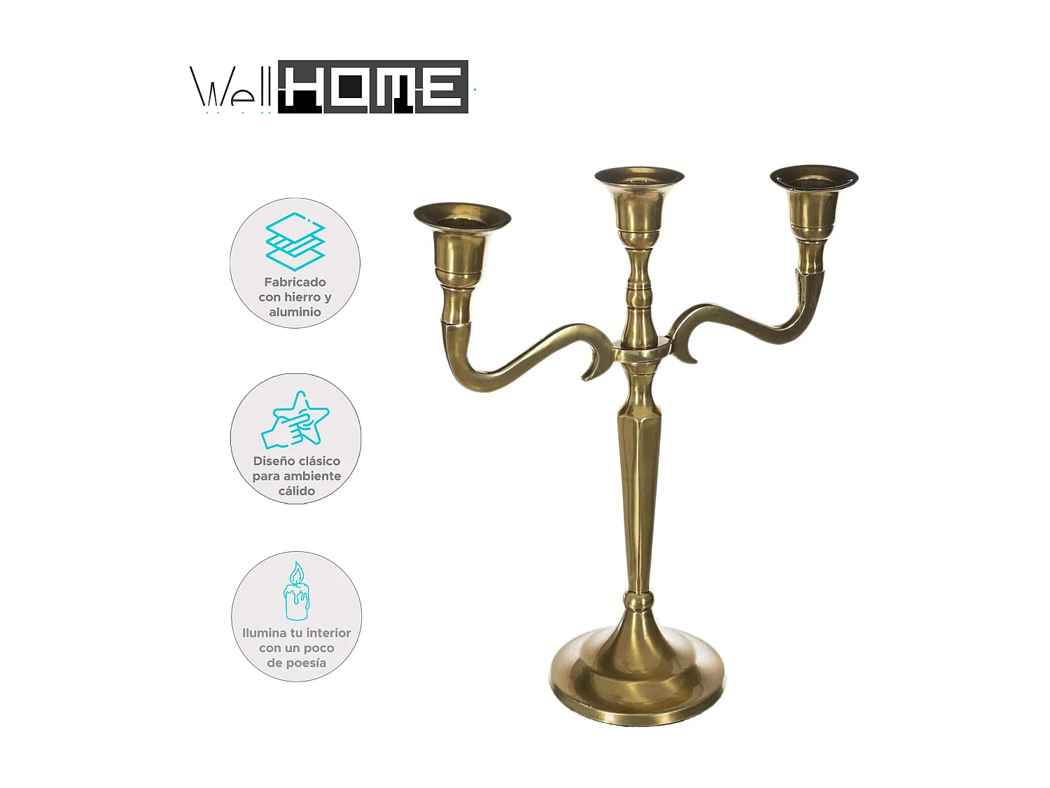 WELL HOME - Bougeoir 3 têtes en métal doré