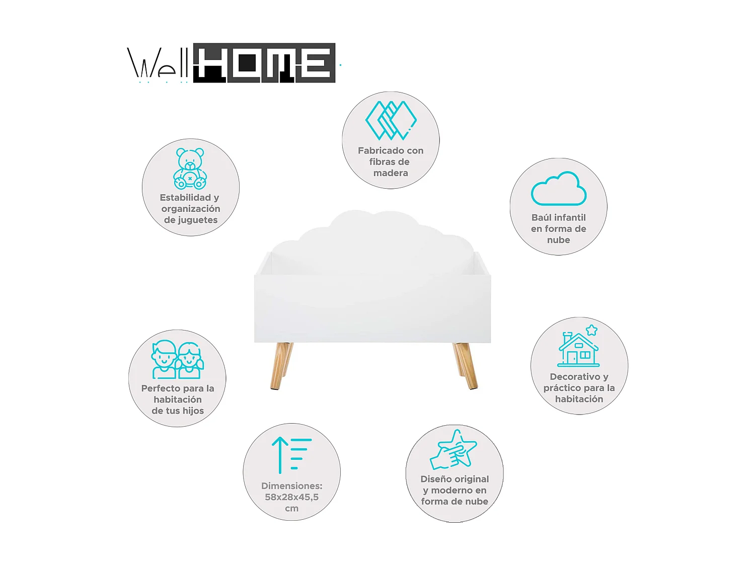 WELL HOME - Malle enfant ''nuage'' blanche parfaite pour organiser les jouets 58 x 28 x 45,5 cm