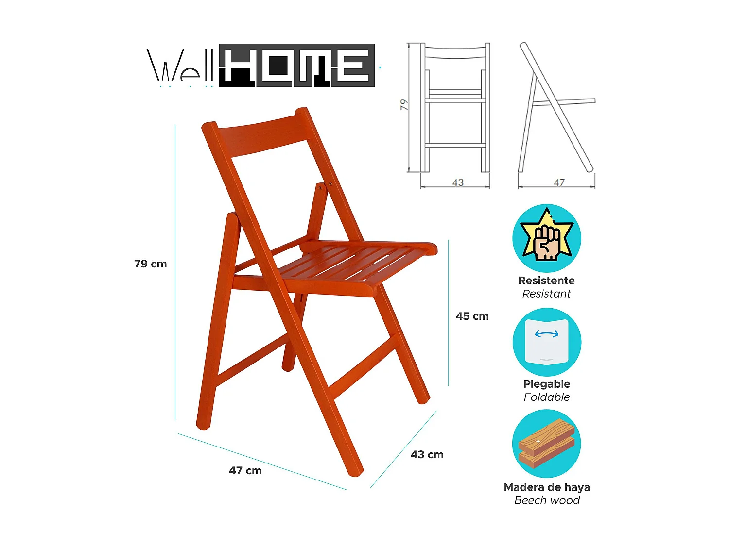 WELL HOME FURNITURE & DECORATION - Pack 4 Chaises BAS en hêtre finition rouge