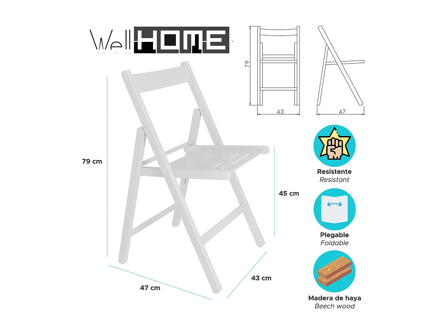 WELL HOME FURNITURE & DECORATION - Pack 4 Chaises BAS en bois de hêtre, finition blanc