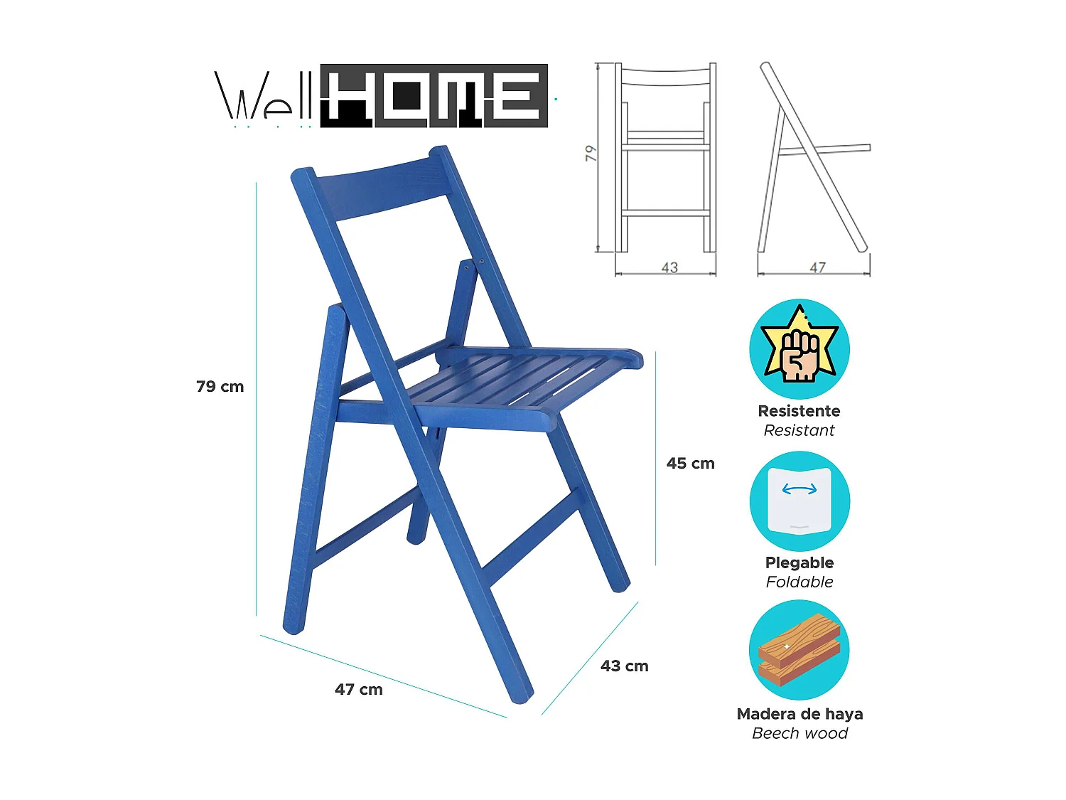 WELL HOME FURNITURE & DECORATION - Pack 4 Chaises BAS en hêtre finition bleue