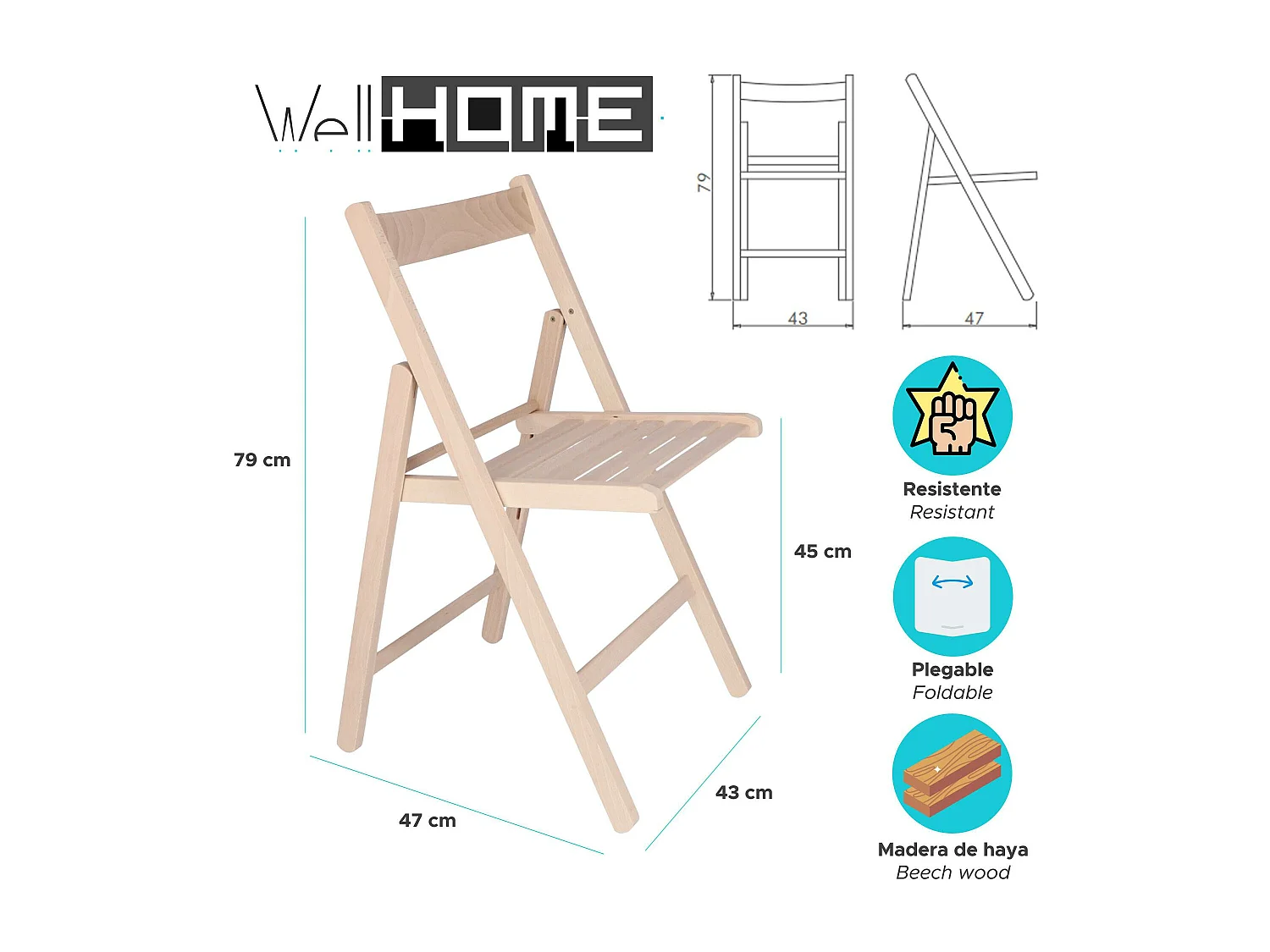 WELL HOME FURNITURE & DECORATION - Pack 4 Chaises BAS en bois de hêtre, finition non vernie