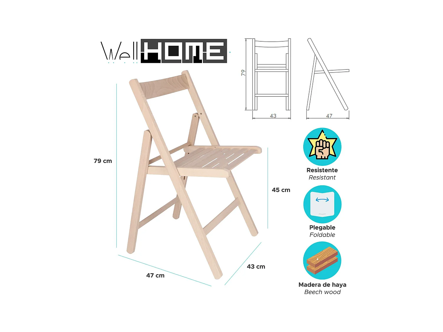 WELL HOME FURNITURE & DECORATION - Pack 4 Chaises BAS en bois de hêtre, finition non vernie