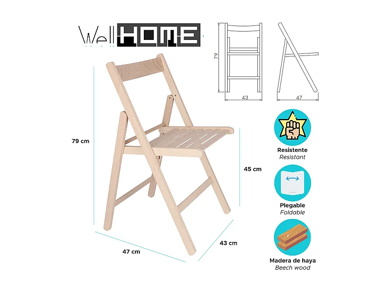 WELL HOME FURNITURE & DECORATION - Pack 4 Chaises BAS en bois de hêtre, finition non vernie