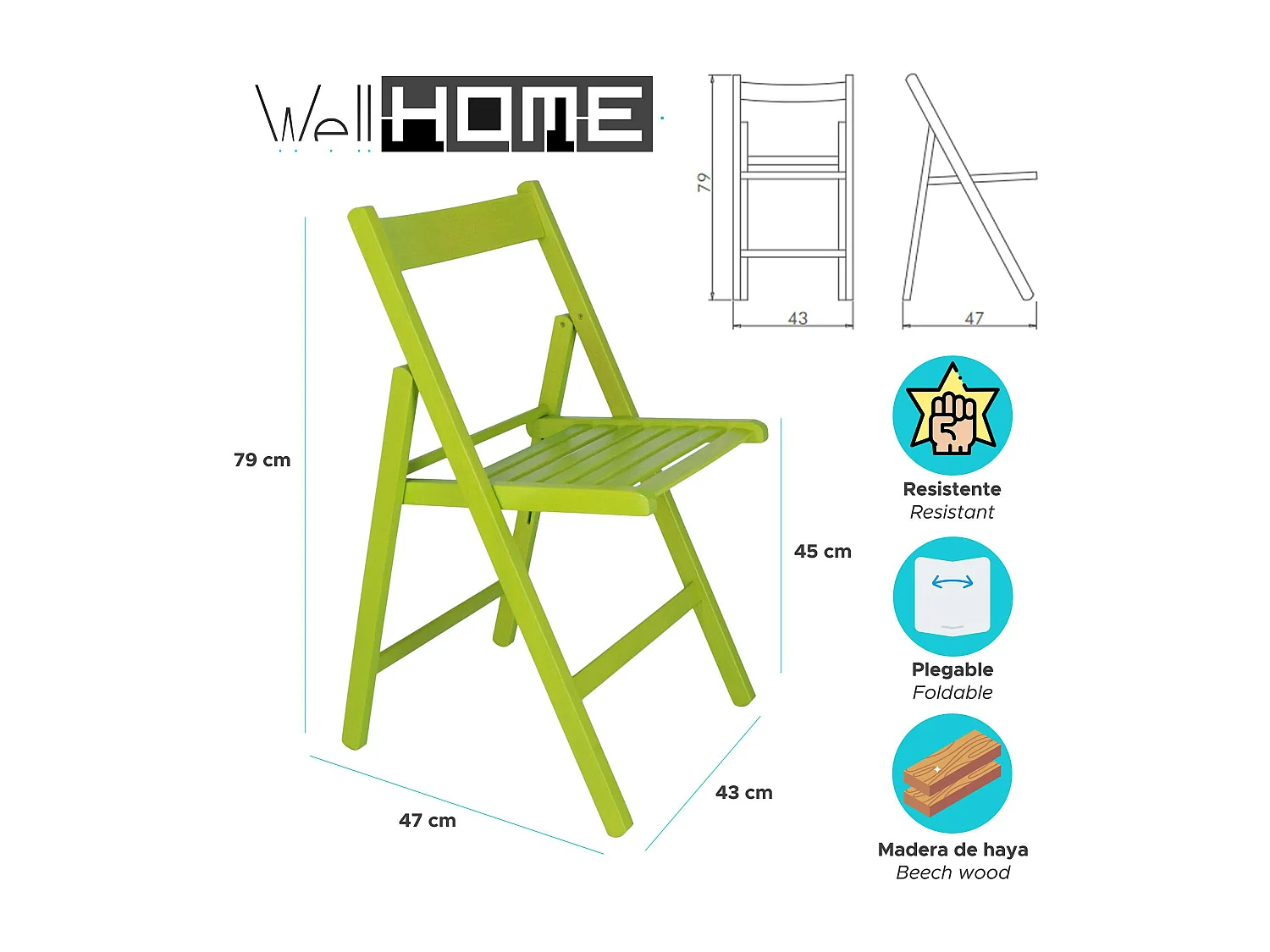 WELL HOME FURNITURE & DECORATION - Pack 4 Chaises BAS en hêtre finition vert