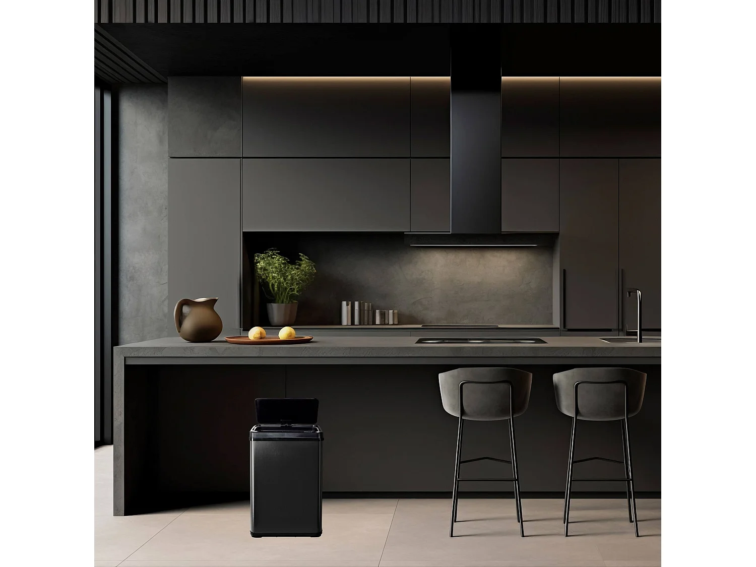 WELL HOME - Poubelle intelligente SANS pieds avec ouverture automatique et contact manuel 30L, 35,5x26x60cm, Noir