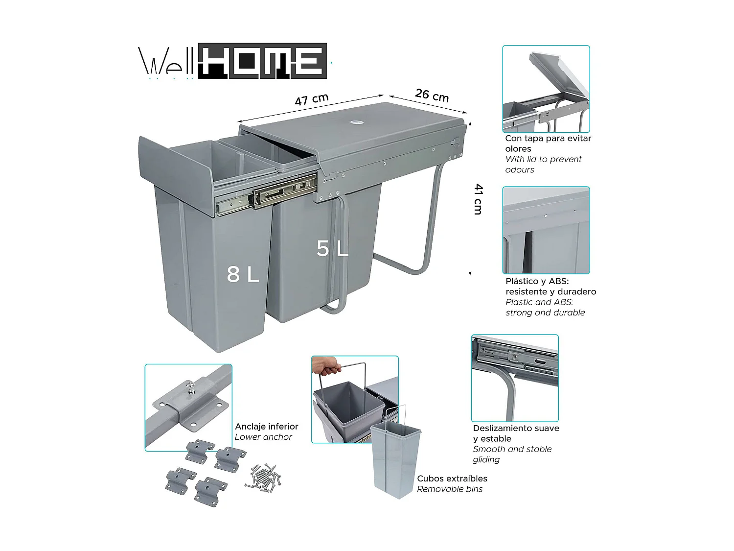 Conteneur de tri pour meuble de cuisine, poubelles sous évier 8L+5L, fixation par le bas et extraction manuelle, poubelles amovibles, avec couvercle